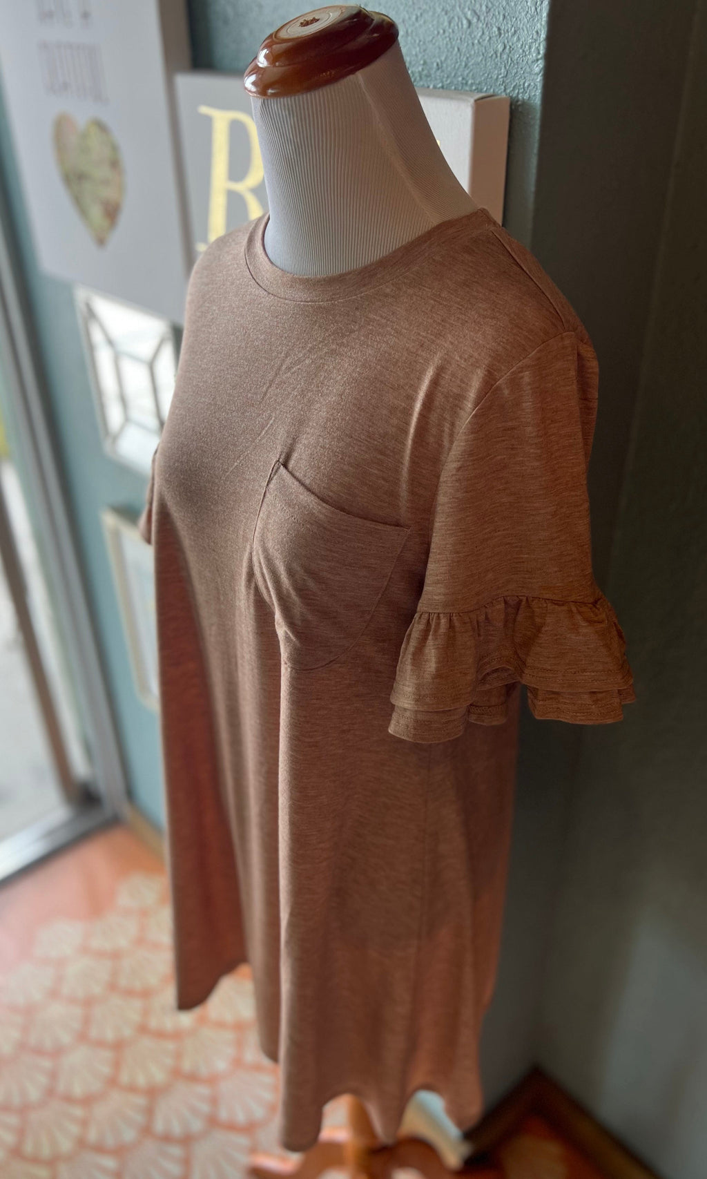 New In Taupe Ruffle Sleeve Dress
