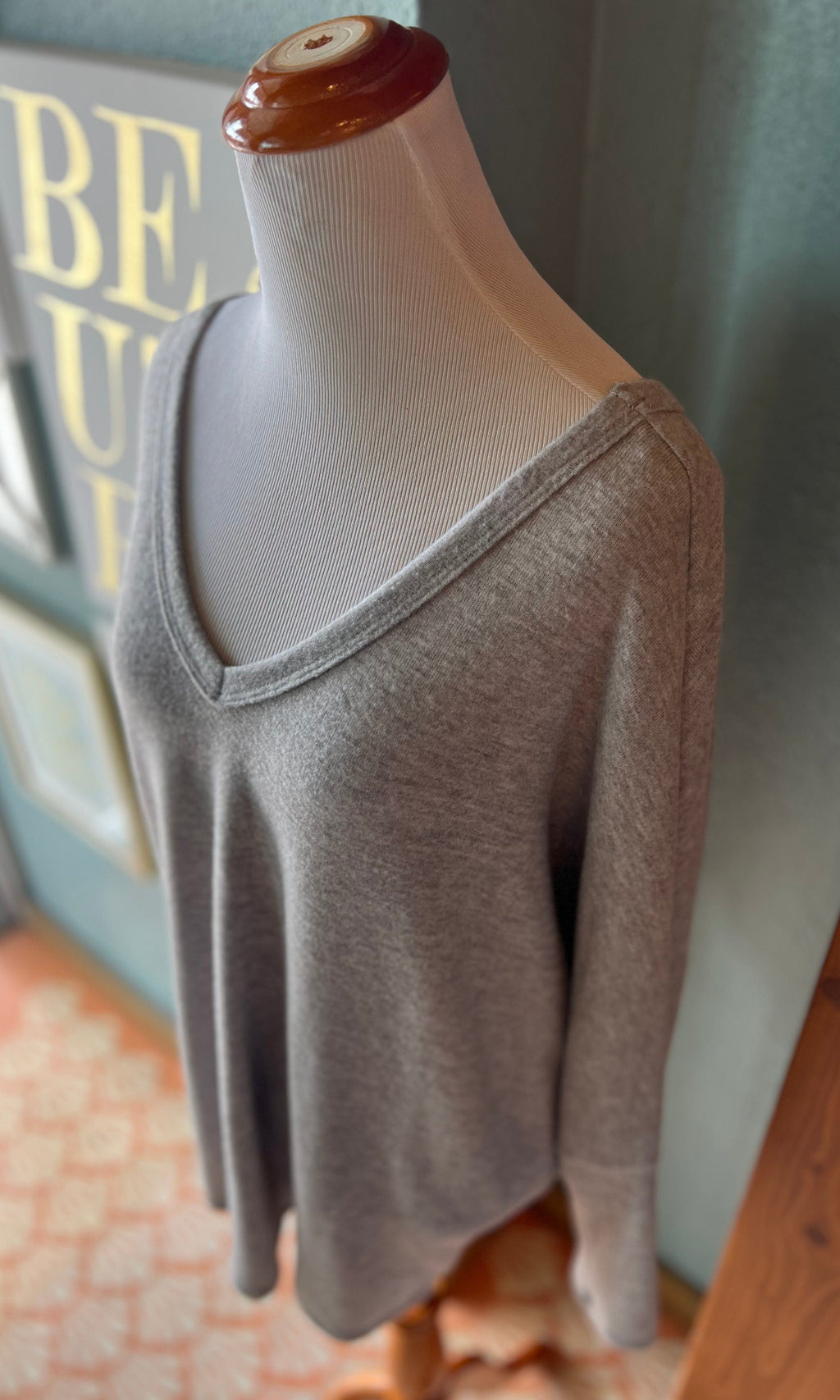 Melon Soft Gray Ruched Back Sweater