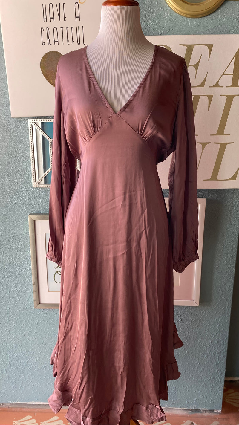 Olivaceous Mauve Satin Long Sleeve Dress