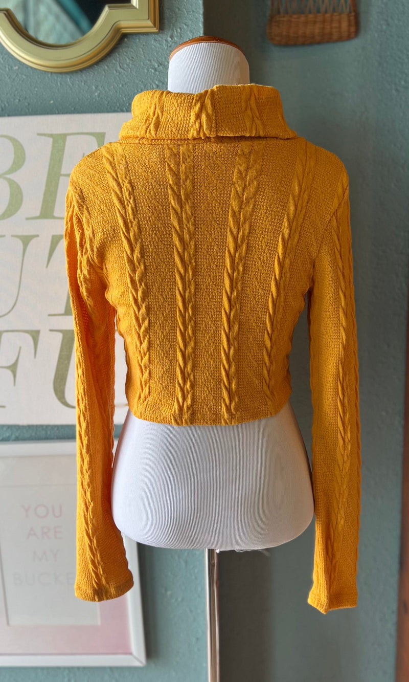 Blue Blush Mustard Cable Knit Cropped Sweater