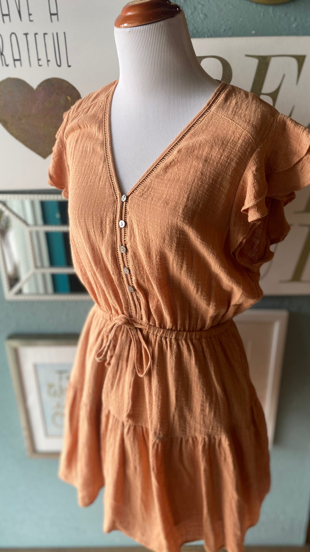 Olivaceous Apricot Button V Neck Dress