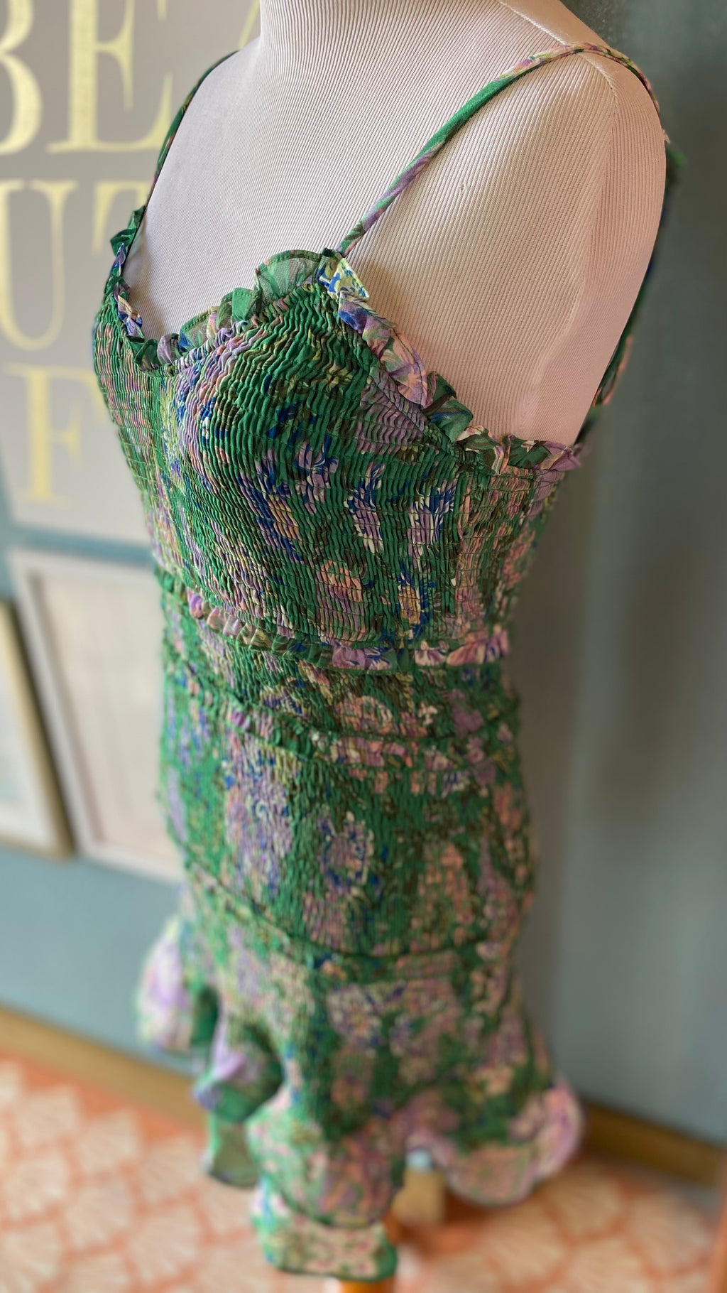 Olivaceous Green Floral Scrunched Dress