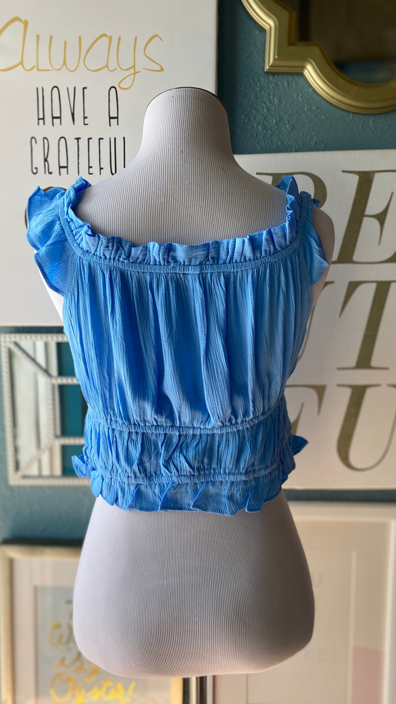 Olivaceous Blue Ruffle Crop Top