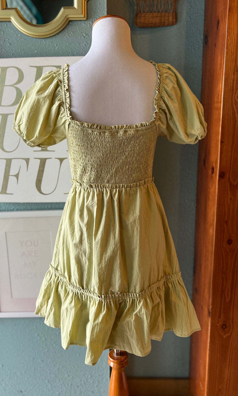 Gilli Sage Green puffy Sleeve Ruffled Dress