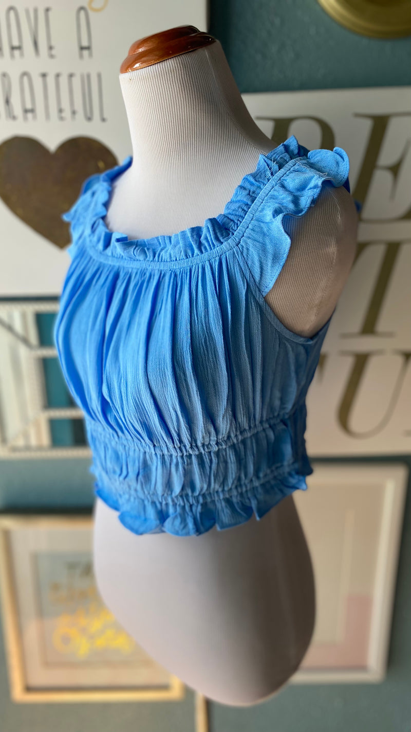 Olivaceous Blue Ruffle Crop Top