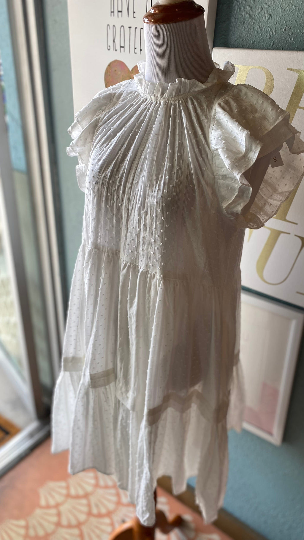 Olivaceous White Swish Dot Ruffle Dress