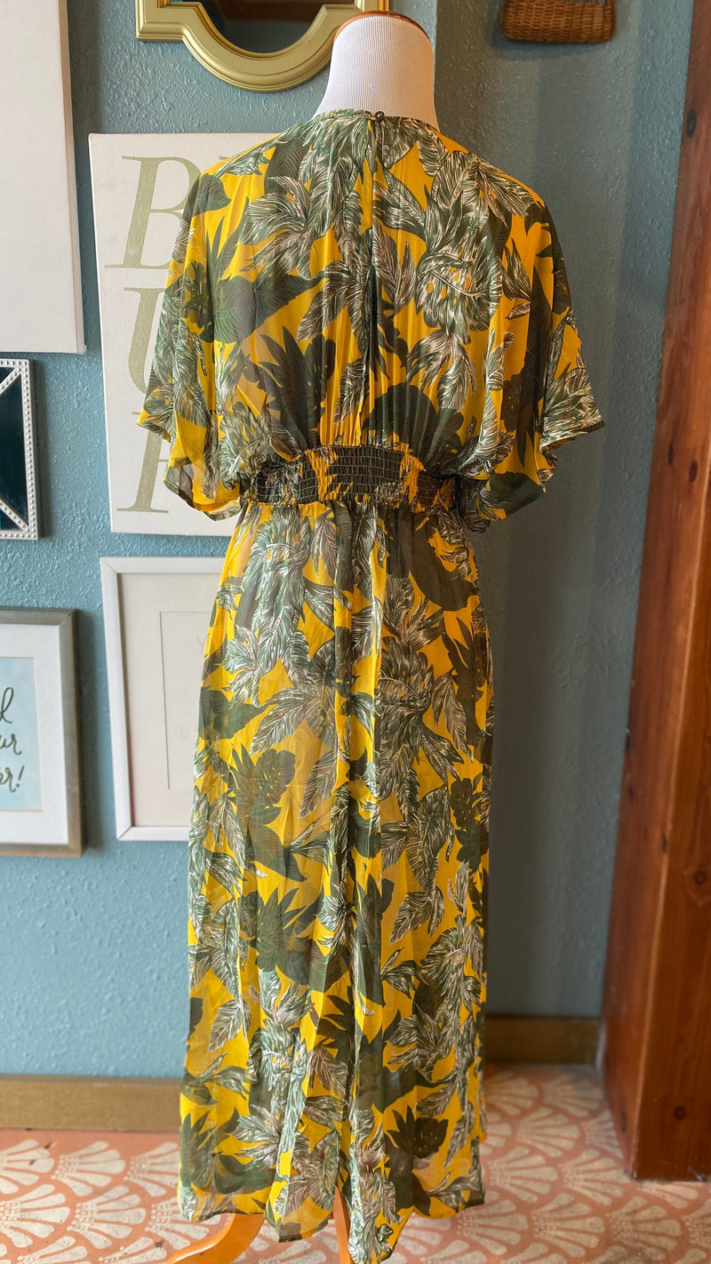 Olivaceous Yellow Leaf Flowy Maxi Dress
