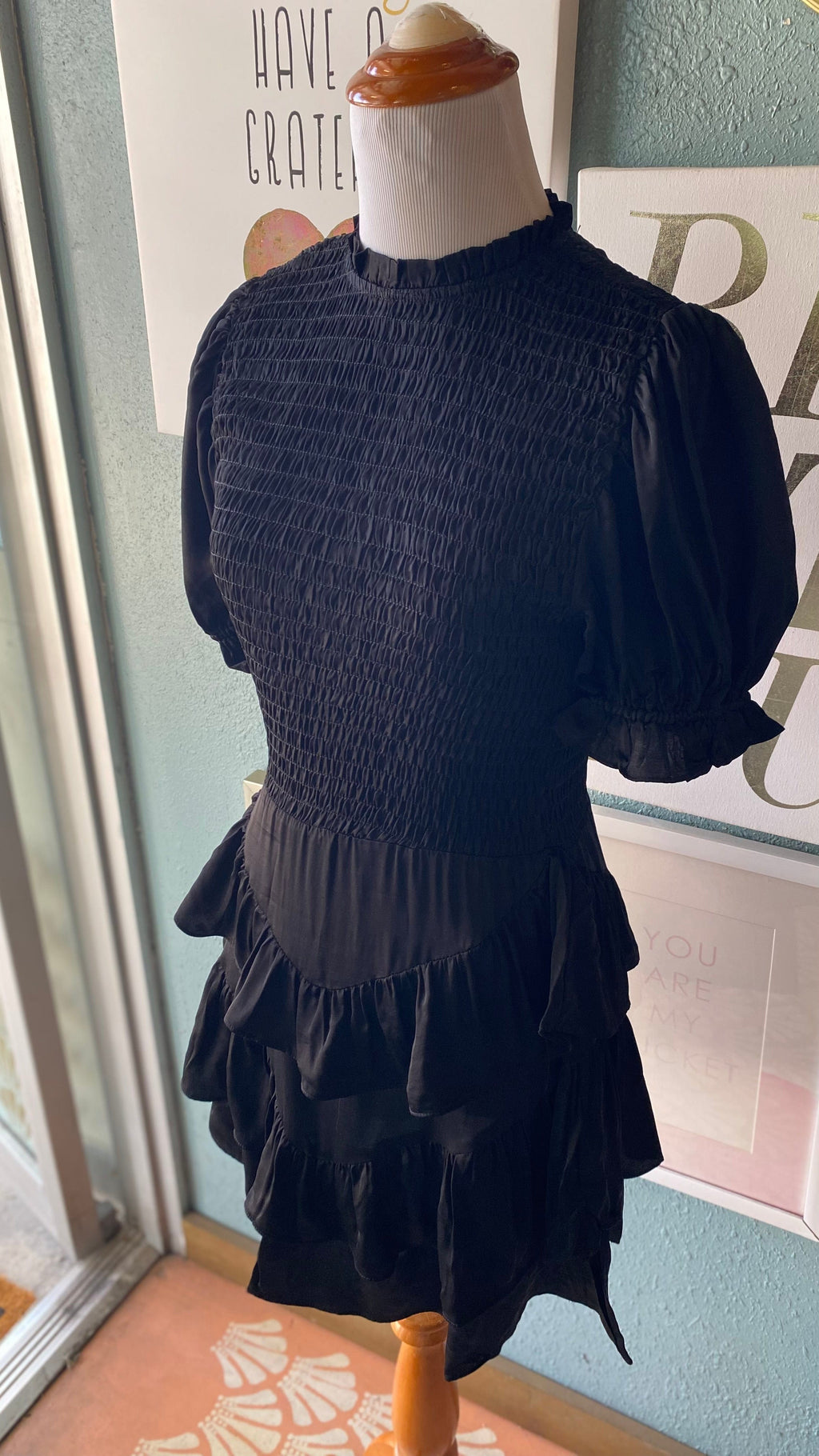 Olivaceous Black Silk Ruffle Dress