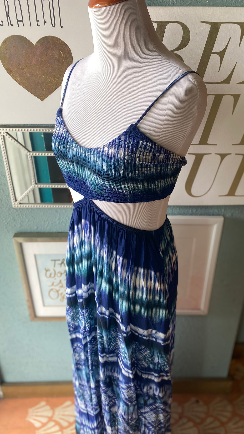 Olivaceous Blue Tie Dye Cut Out Maxi Dress