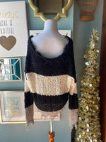 Blue Buttercup Black & White Striped Tattered Sweater