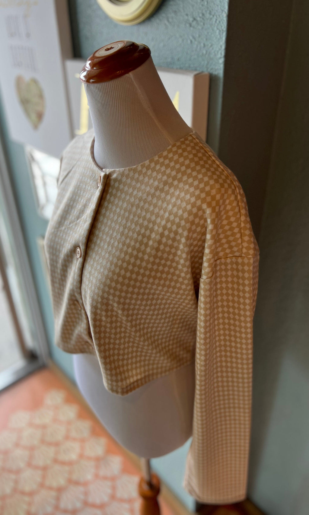 LELIS Taupe Checkered Button Down Cropped Sweater