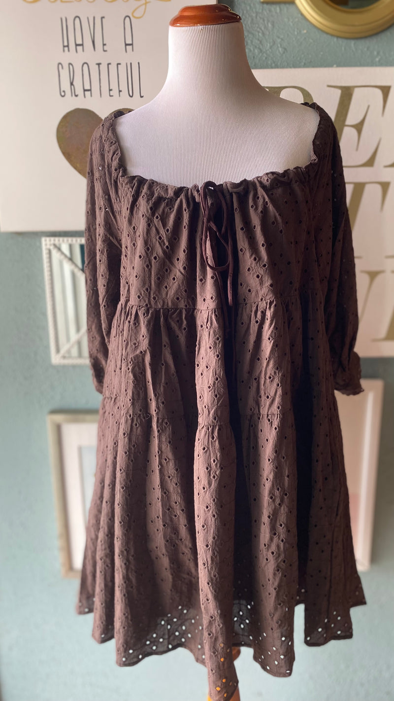 Olivaceous Brown Eyelet Tie Back Dress