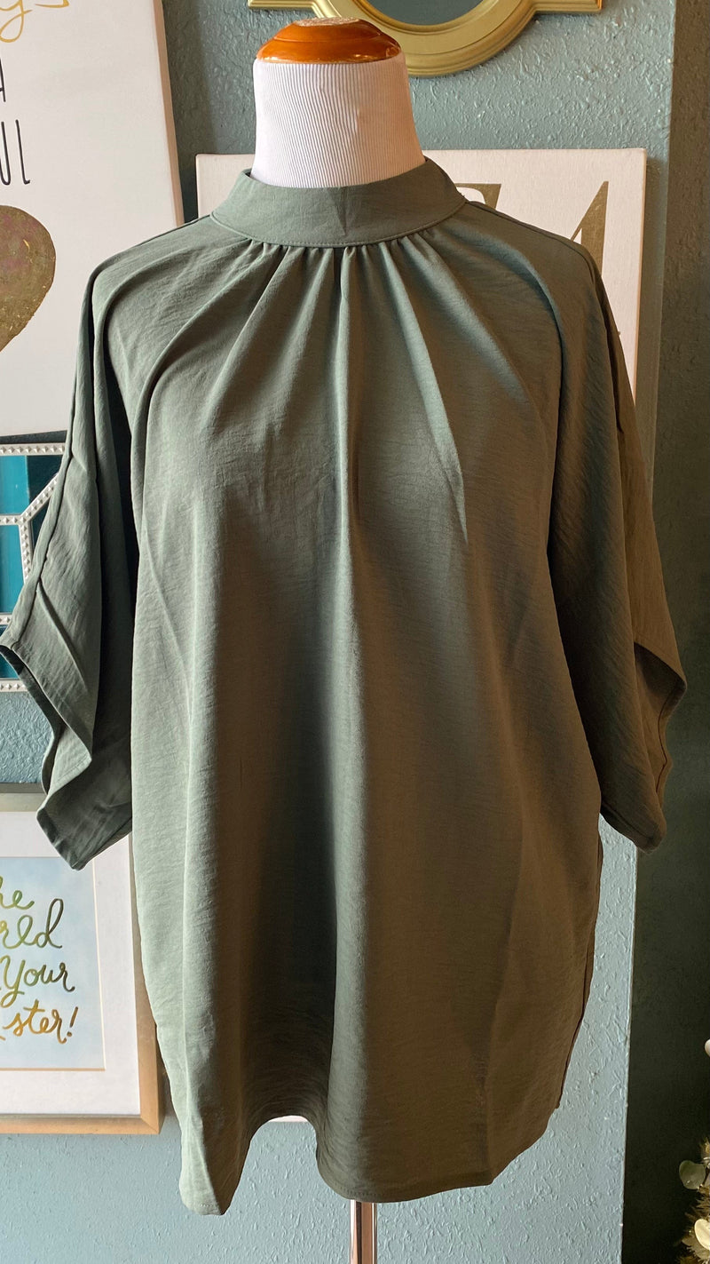 You & Me Olive Green High Neck Tie Up Blouse