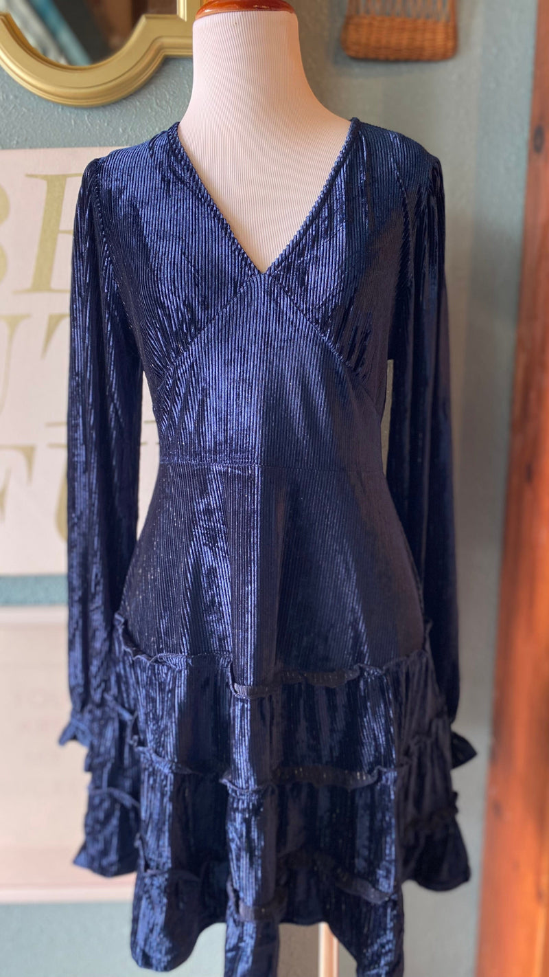 New In Navy Blue V Neck Velvet Dress