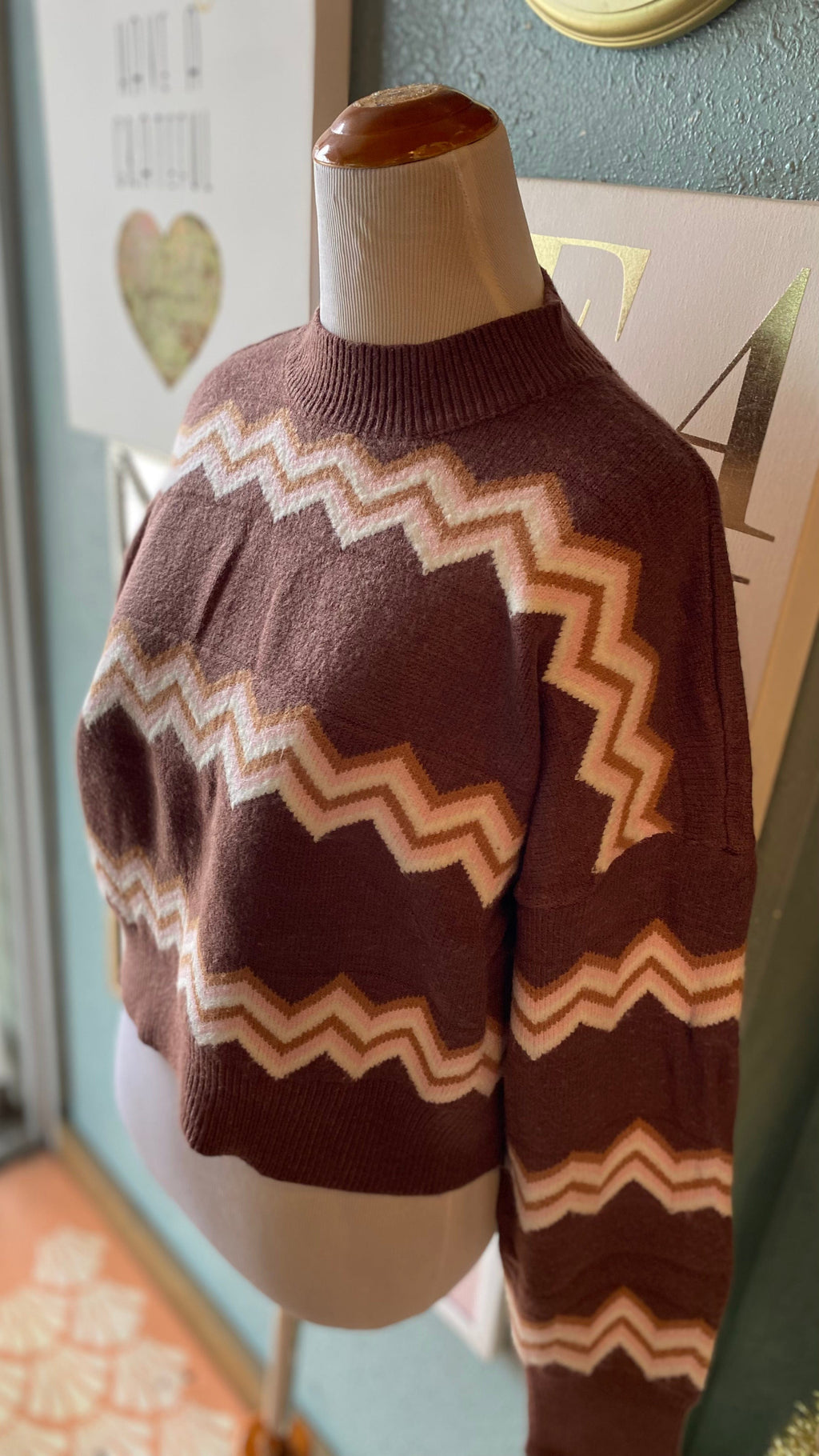 Blue Blush Brown Retro Cropped Sweater