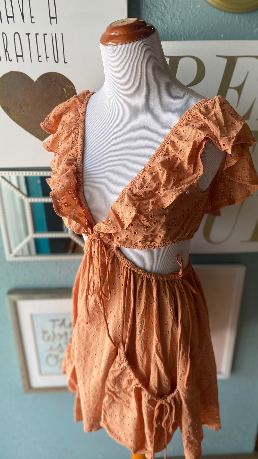 Olivaceous Apricot Eyelet Ruffled Cut Out Dress