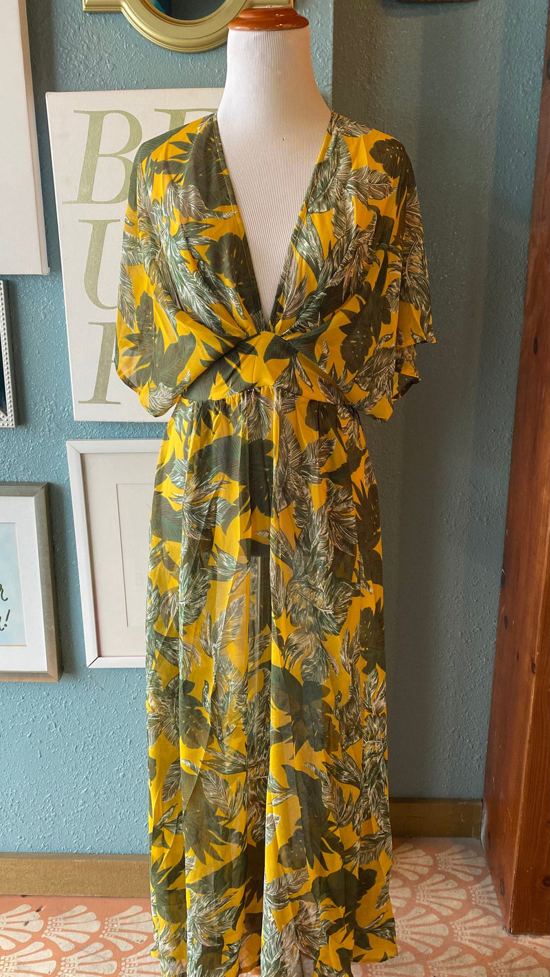 Olivaceous Yellow Leaf Flowy Maxi Dress