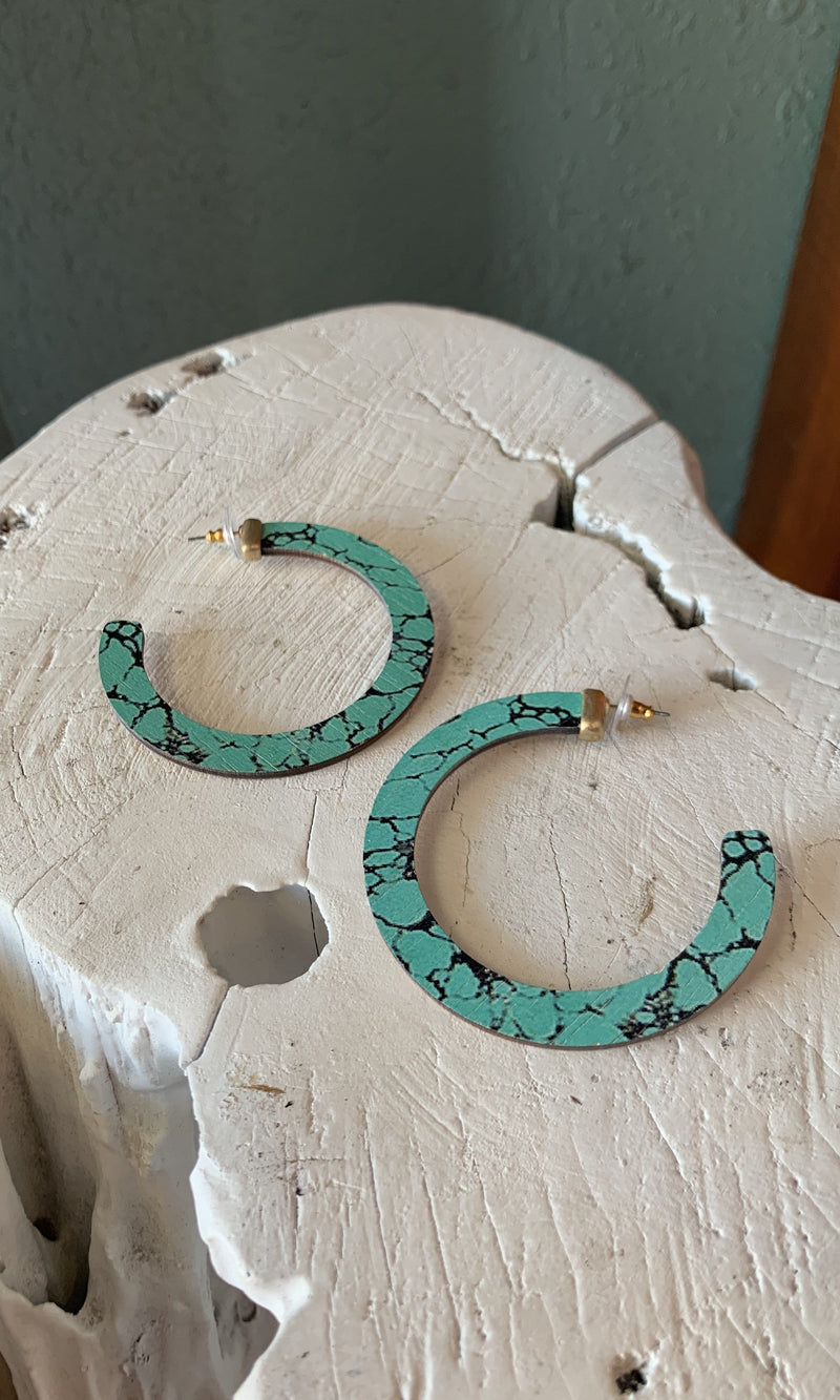 Teal Wood Hoop Earrings