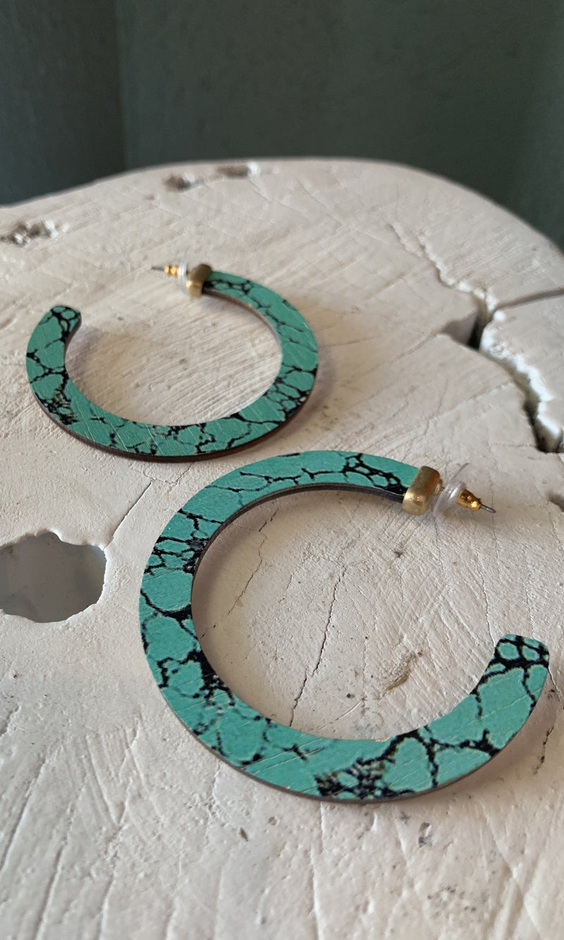 Teal Wood Hoop Earrings