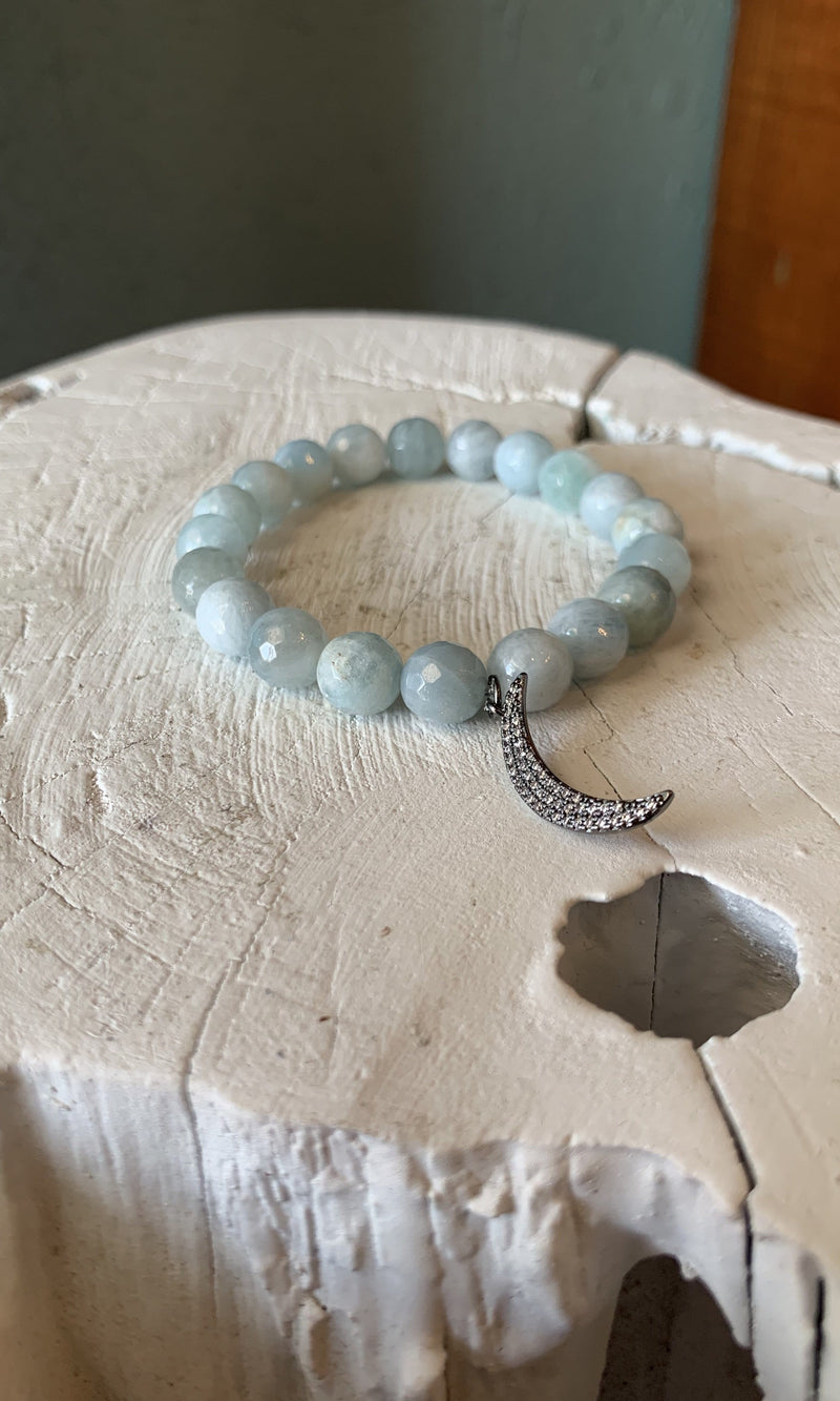 Light Blue Beaded Stretch Moon Bracelet