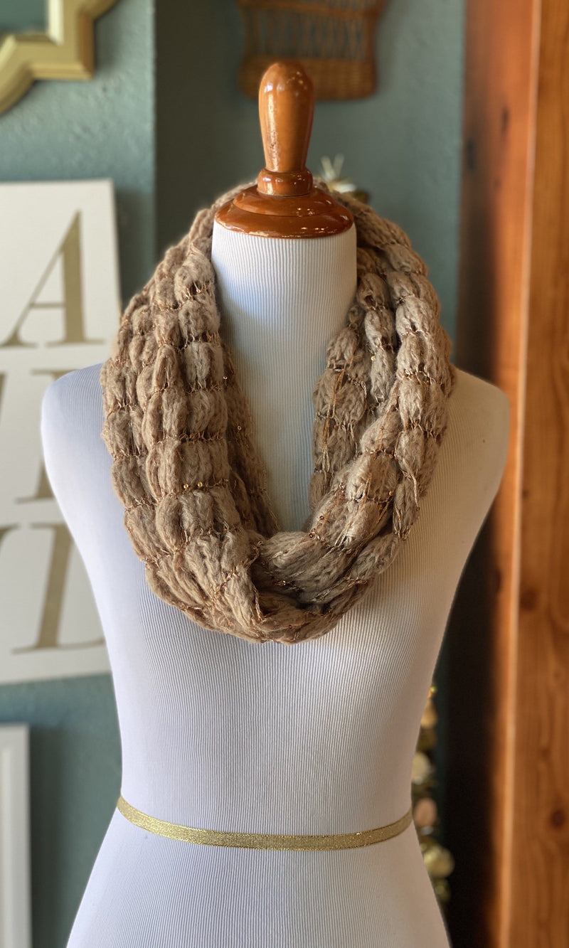 Tan and Gold Sequence Knitted Scarf
