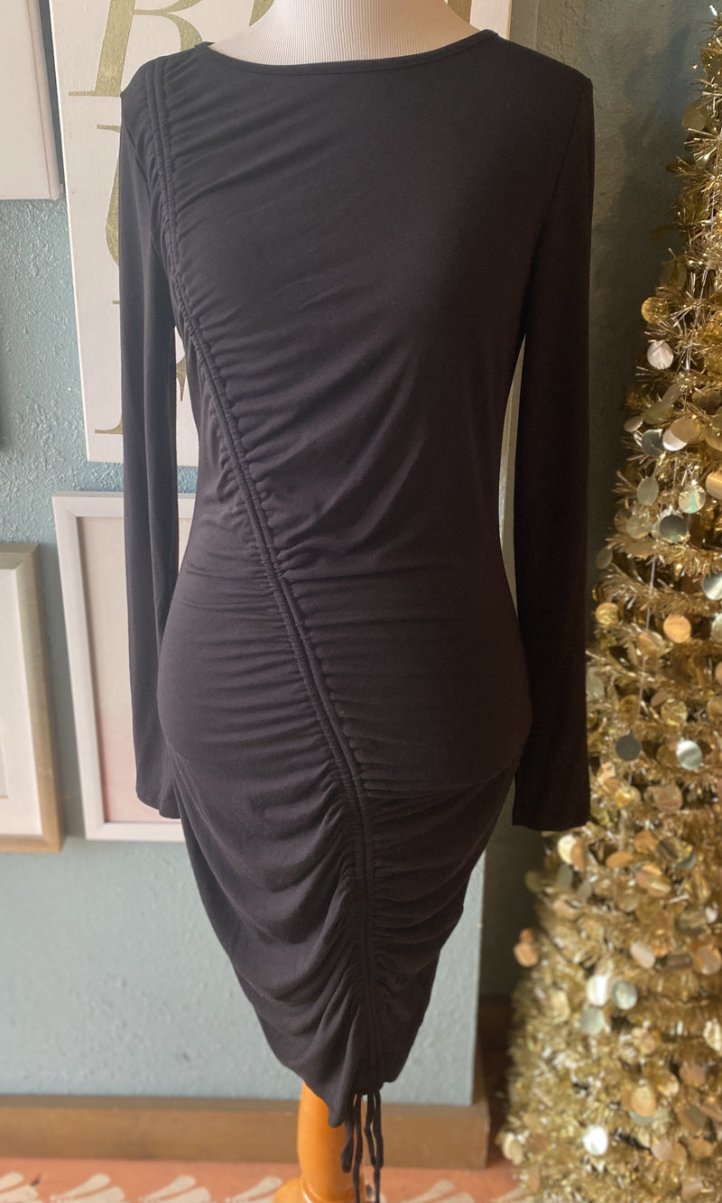 Sweet Adelyn Black Ruched Long Sleeve Dress