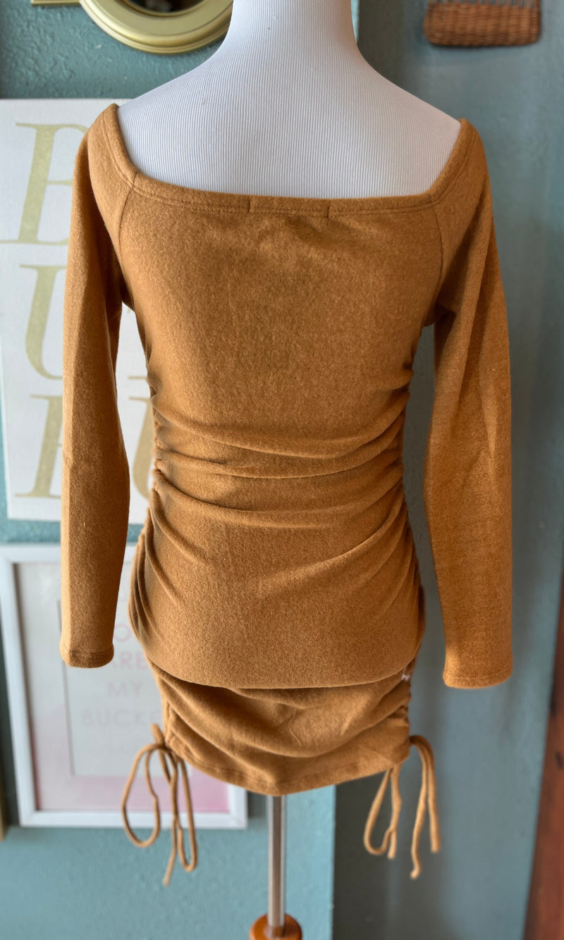 Blue B Pale Brown Ruched Sides Sweater Dress