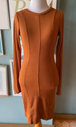 Top Chic Burnt Orange Ribbed Long Sleeve Dress