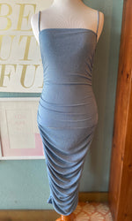 Déjà Vu Blue Grey Shimmer Ruched Dress